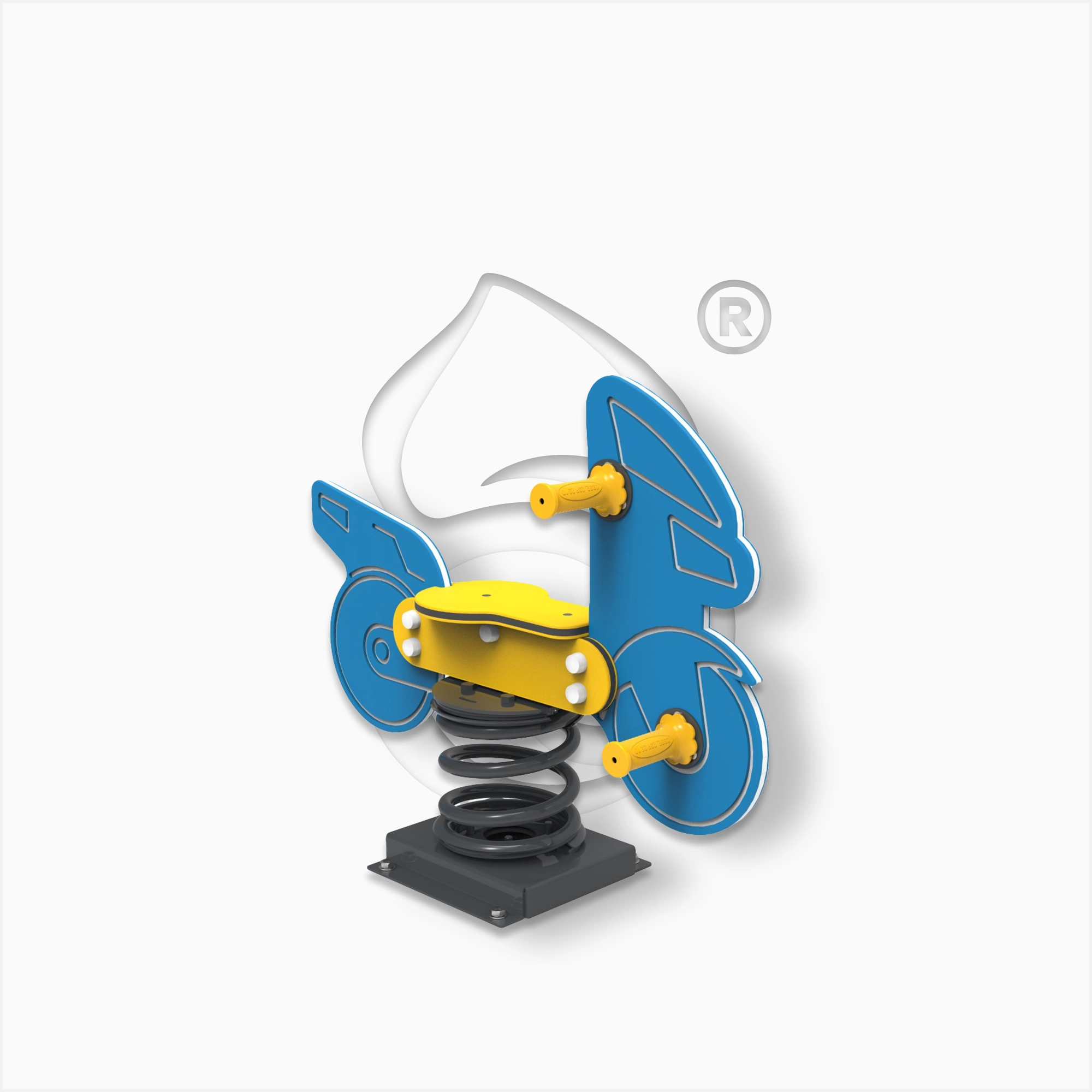 Balansoar pe arc model motocicletă albastră, cu arc elicoidal și design dinamic. Ideal pentru spații de joacă tematice, pentru copii de 2‑6 ani.