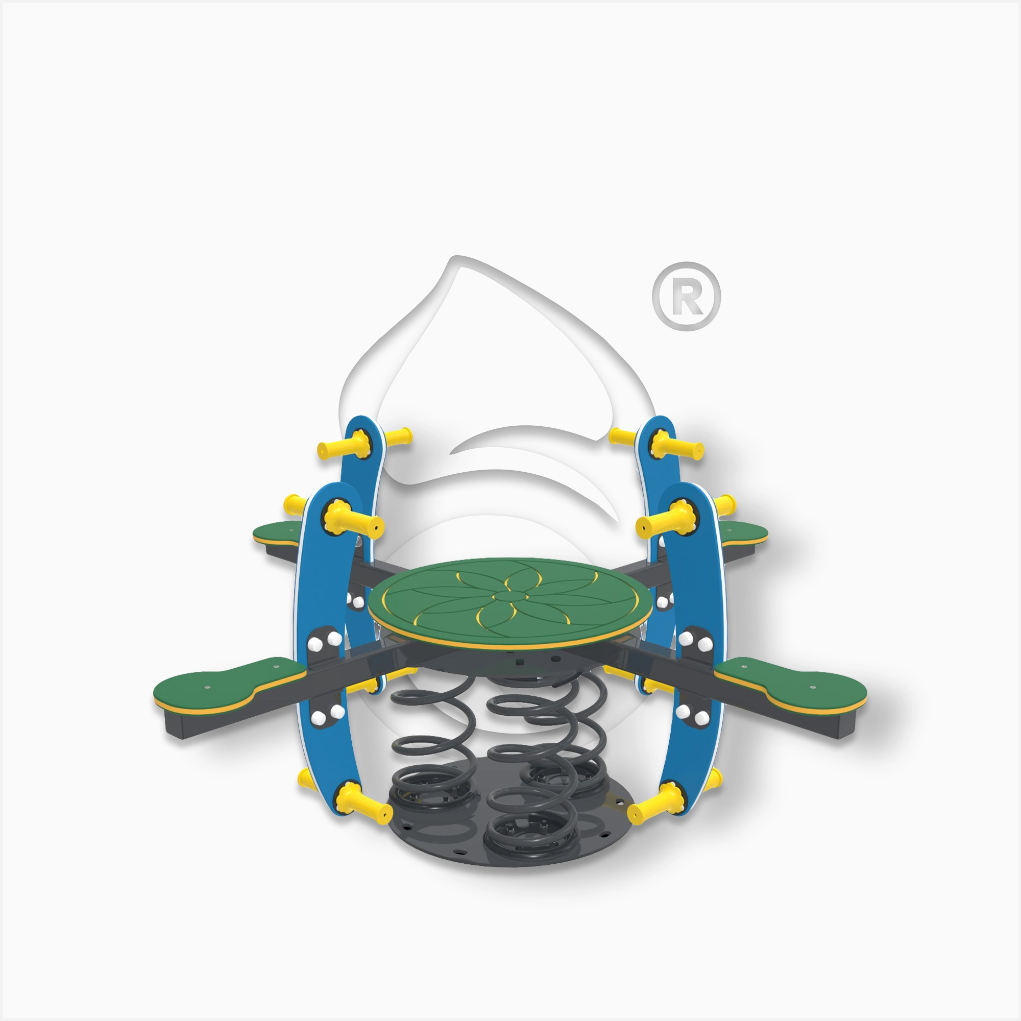 Balansoar pe arc cu platformă circulară pentru 4–6 copii. Susținut de arcuri robuste, ideal pentru joacă activă în grădinițe și parcuri.