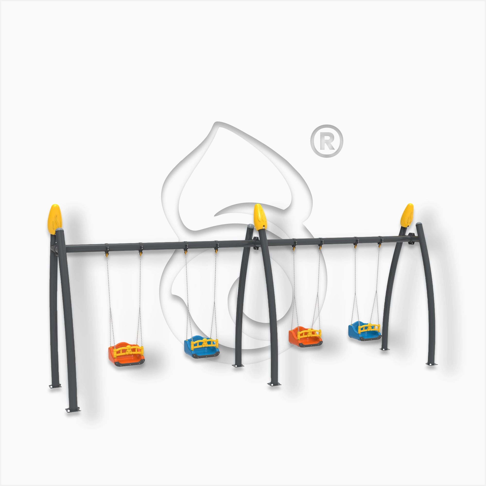 Leagăn cu 4 scaune sigure pentru copii de 2–5 ani. Cadru robust, design modern și confort ideal pentru grădinițe, creșe sau spații publice.